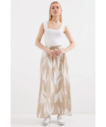 8028 Desenli Uzun Etek  Bej