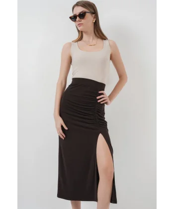 8033 Sandy Yırtmaçlı Etek  Kahverengi