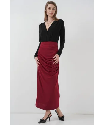 8035 Büzgülü Midi Etek  Bordo