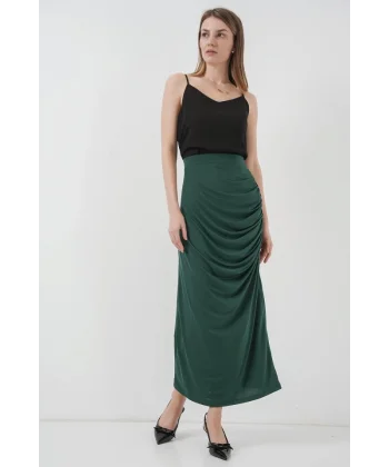 8035 Büzgülü Midi Etek  Zümrüt Yeşili