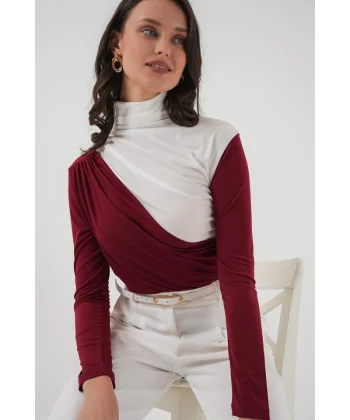 9 Büzgü Detaylı Sandy Bluz  Bordo