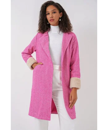 9085 Balık Sırtı Kaşe Kaban  A.Fuşya