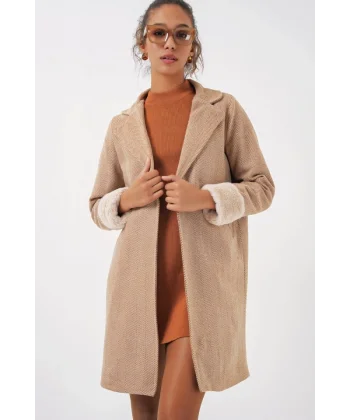 9085 Balık Sırtı Kaşe Kaban  Camel