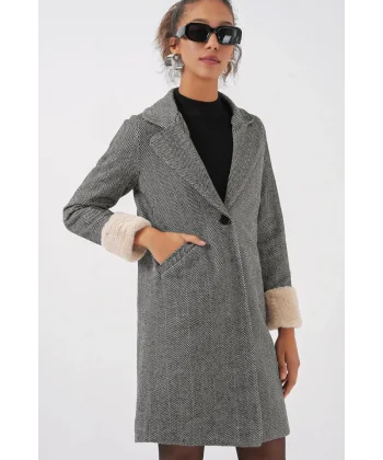 9085 Balık Sırtı Kaşe Kaban - C.Siyah