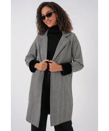 9085 Balık Sırtı Kaşe Kaban  D. Siyah