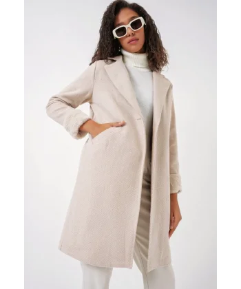 9085 Balık Sırtı Kaşe Kaban  M. Krem