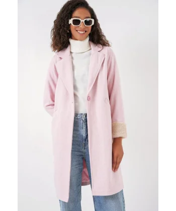 9085 Balık Sırtı Kaşe Kaban  Pudra