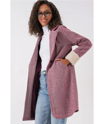 9085 Balık Sırtı Kaşe Kaban  Y.Bordo