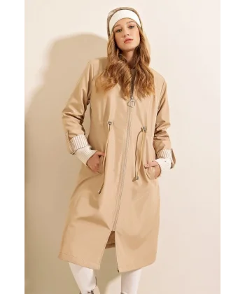 9091 Beli Büzgülü Kapşonlu Trençkot - Bej