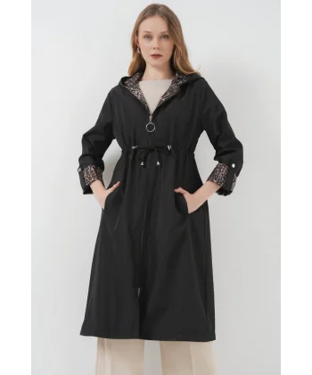 9091 Beli Büzgülü Kapşonlu Trençkot - Düz Siyah