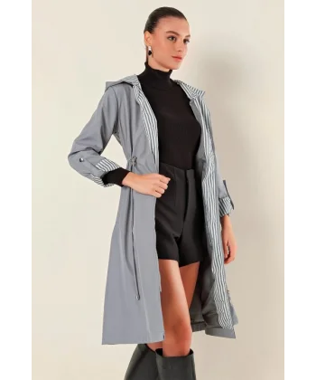 9091 Beli Büzgülü Kapşonlu Trençkot - Gri