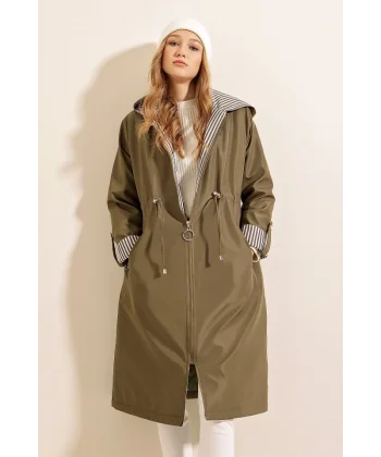 9091 Beli Büzgülü Kapşonlu Trençkot - Haki