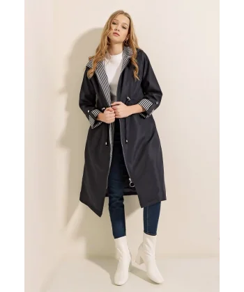 9091 Beli Büzgülü Kapşonlu Trençkot - Lacivert