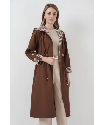 9091 Beli Büzgülü Kapşonlu Trençkot - M. Kahverengi