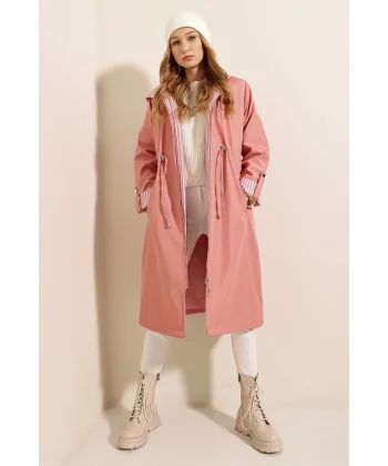9091 Beli Büzgülü Kapşonlu Trençkot - Pembe