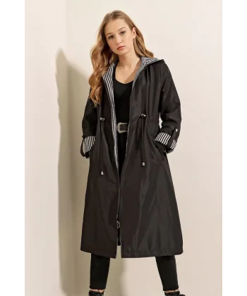 9091 Beli Büzgülü Kapşonlu Trençkot - Siyah