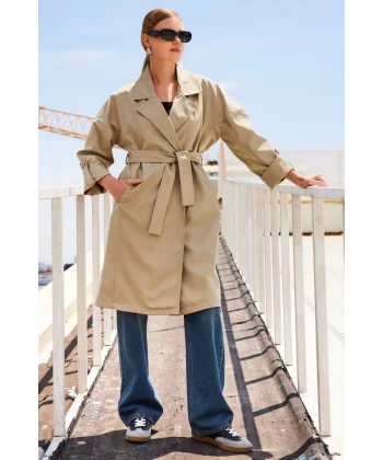 9104 Kruvaze Yaka Astarlı Trençkot - A.Haki