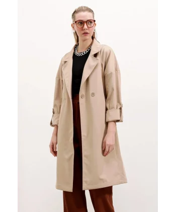 9104 Kruvaze Yaka Astarlı Trençkot - Bej