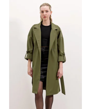 9104 Kruvaze Yaka Astarlı Trençkot - Haki