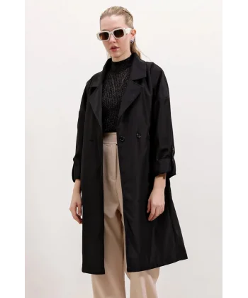 9104 Kruvaze Yaka Astarlı Trençkot - Siyah