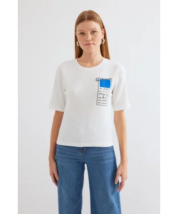 911 Baskılı Örme Basic Tişört - Mavi