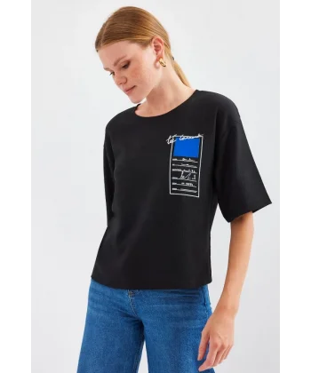 911 Baskılı Örme Basic Tişört - Siyah