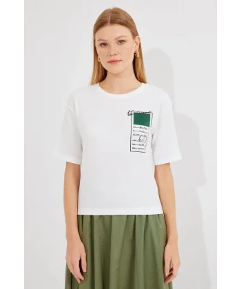 911 Baskılı Örme Basic Tişört - Yeşil