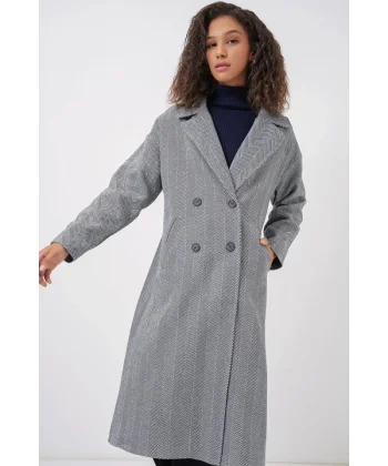 9113 Oversize Geniş Kesim Yünlü Uzun Kaşe Kaban  F.Lacivert