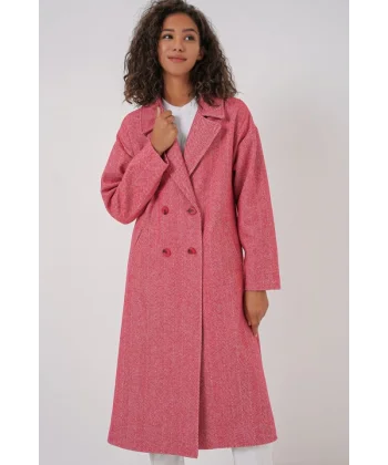 9113 Oversize Geniş Kesim Yünlü Uzun Kaşe Kaban  Kırmızı