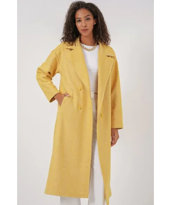 9113 Oversize Geniş Kesim Yünlü Uzun Kaşe Kaban  Sarı