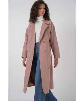 9113 Oversize Geniş Kesim Yünlü Uzun Kaşe Kaban  Somon