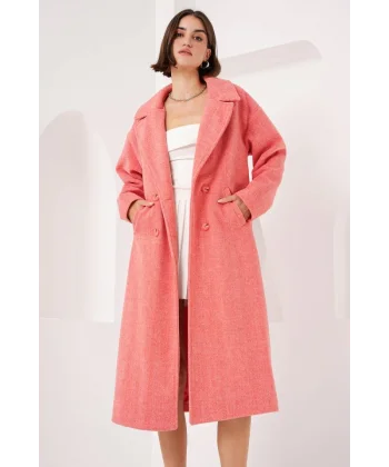 9113 Oversize Geniş Kesim Yünlü Uzun Kaşe Kaban  Turuncu