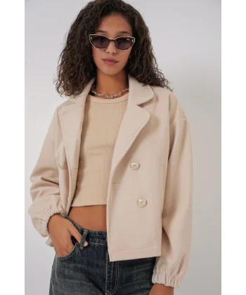 9117 Kruvaze Yaka Crop Ceket  Bej