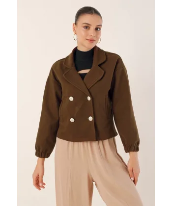 9117 Kruvaze Yaka Crop Ceket  Kahverengi