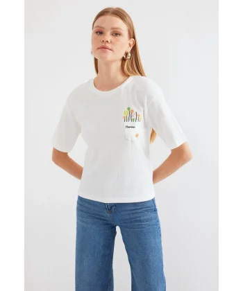 912 Baskılı Örme Basic Tişört - Beyaz