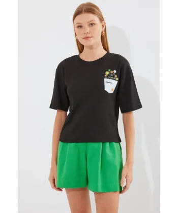 912 Baskılı Örme Basic Tişört - Siyah