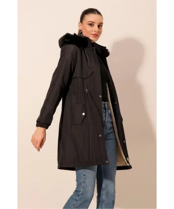 9129 Kapüşonlu Suni Kürklü Kaban - Siyah