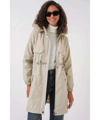 9129 Kapüşonlu Suni Kürklü Kaban  Taş