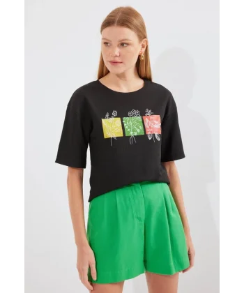 913 Baskılı Örme Basic Tişört - Siyah