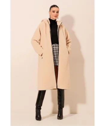 9132 Kapüşonlu Peluş Kaban  Krem