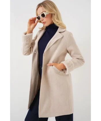 9145 Kolları Tüylü Balık Sırtı Kaşe Kaban - Krem