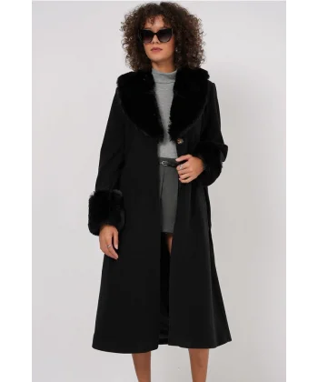 9149 Kürk Detay Uzun Kaban  Siyah