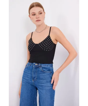 918 İp Askılı Crop Top  Siyah