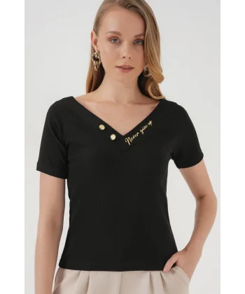 928 Kısa Kol V Yaka Bluz  Siyah