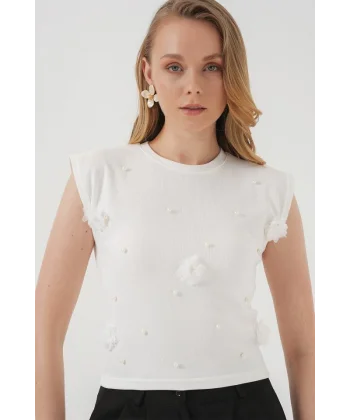 929 Kısa Kol Örme Bluz - Beyaz