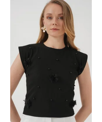 929 Kısa Kol Örme Bluz - Siyah