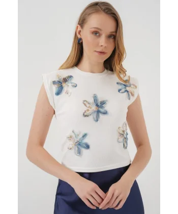 930 Kısa Kol Desenli Crop Bluz - Beyaz