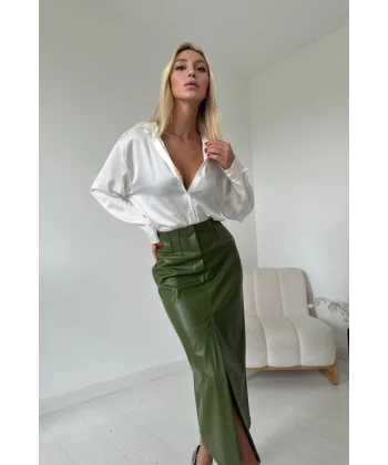 Açık Haki Yırtmaçlı Süs Patlı Etek