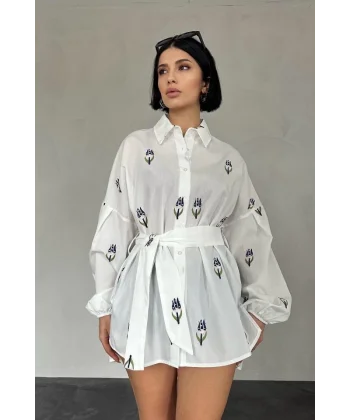 acivert Vual etraj Nakış Kuşaklı Gömlek