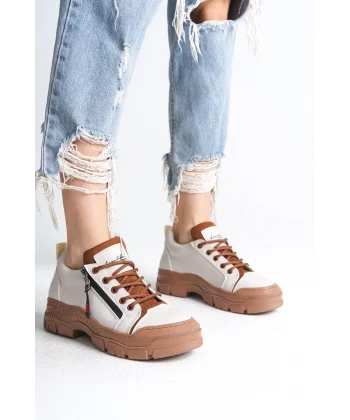 AGATHA Bağcıklı Fermuarlı Ortopedik Taban Kadın Sneaker Spor Ayakkabı  CTT - Krem